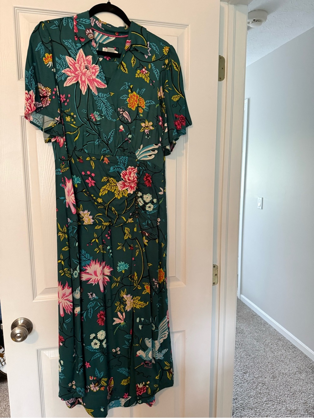 Anthropologie Teal Floral Midi Dress with Pink & Yellow Blooms